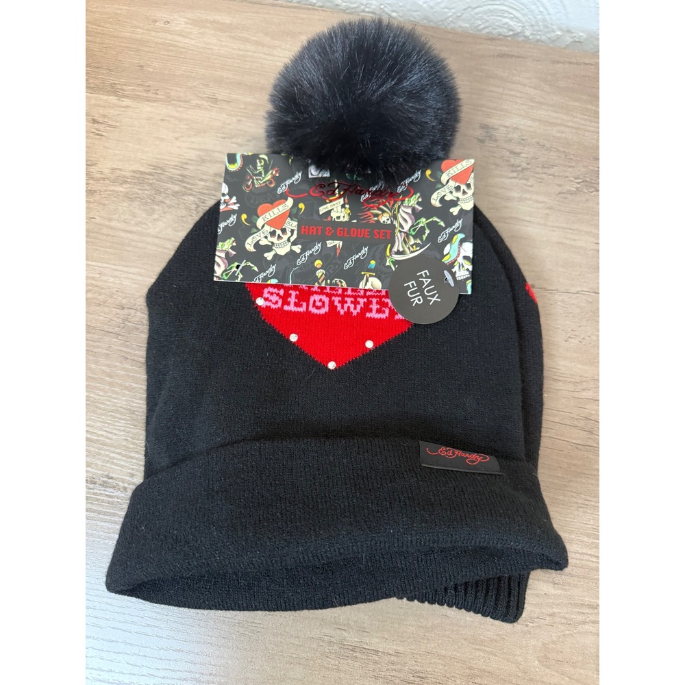 Ed Hardy 2 Pack Beanie Hat Set Black Faux Fur Pom Heart Tiger Tattoo Y2K NWT